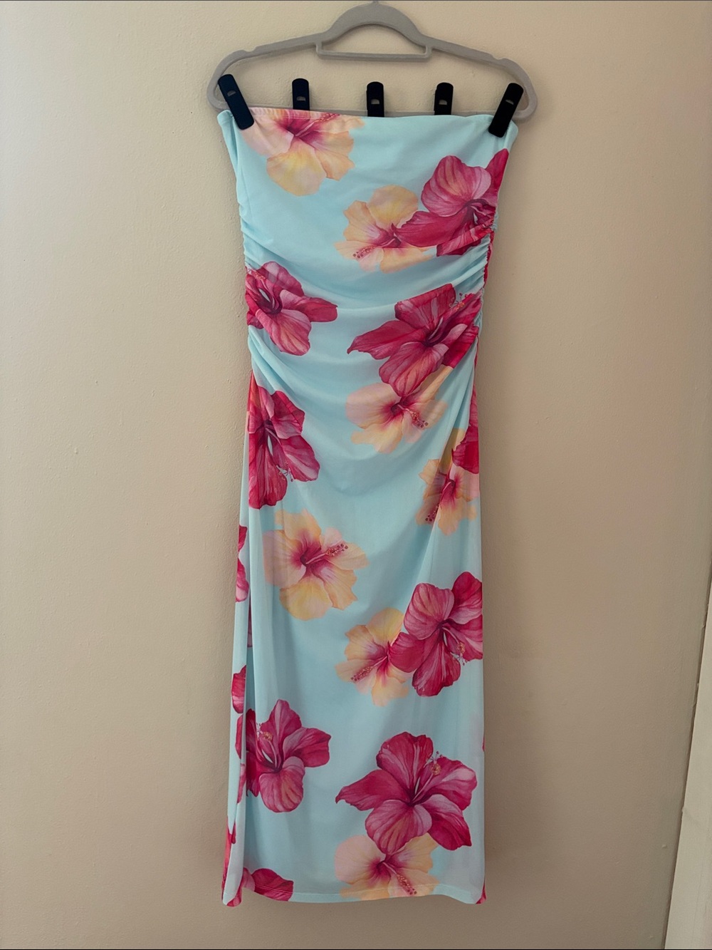 Madden Girl Light Blue Strapless Maxi Dress with Pink & Yellow Floral Print